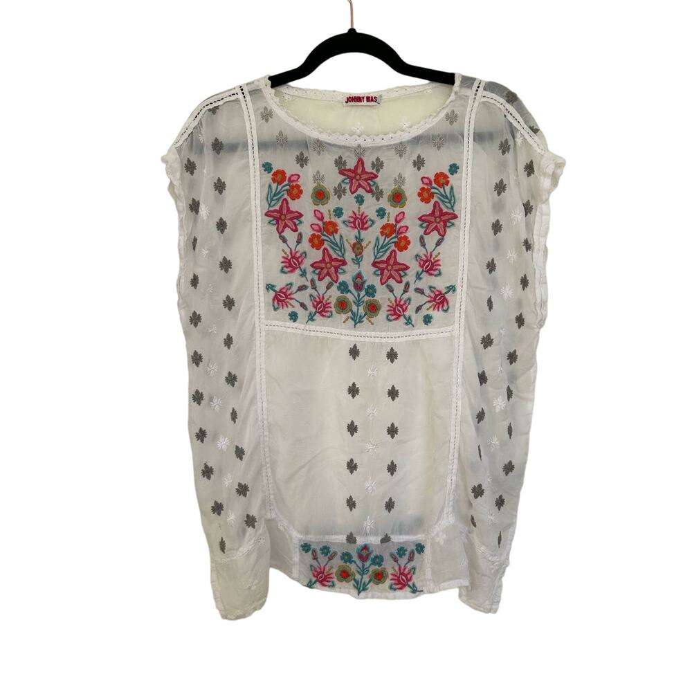 JOHNNY WAS - Austina Embroidered Top - White Floral Blouse- Size Med Shirt